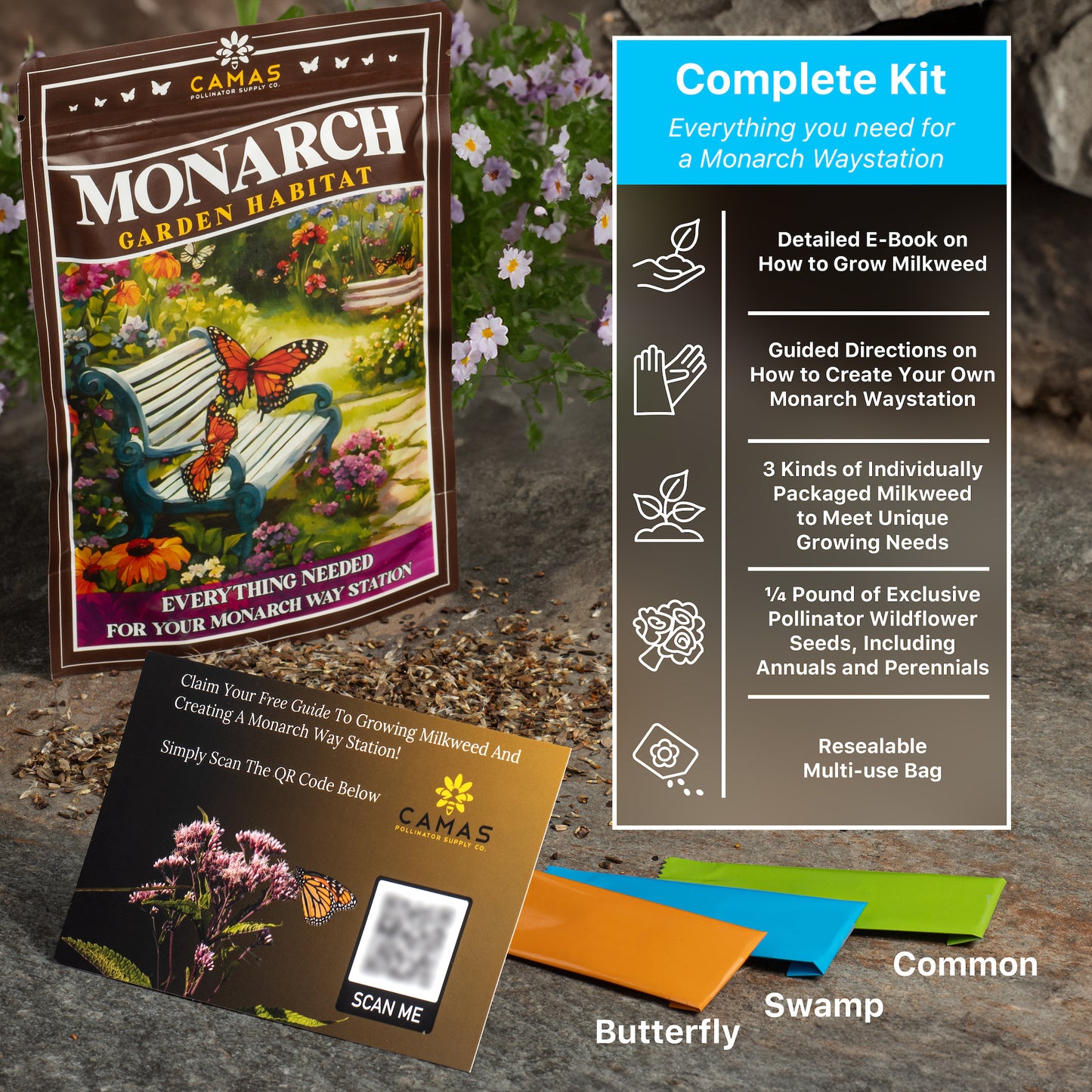 Monarch Butterfly Garden Kit with Milkweed Seeds–Perennial Flower Seeds to Plant Outside| 1/4 Pound Pure Bulk Wildflower Seeds | Garden Seeds for Attracting Pollinators | Seed Packets for Spring/Fall